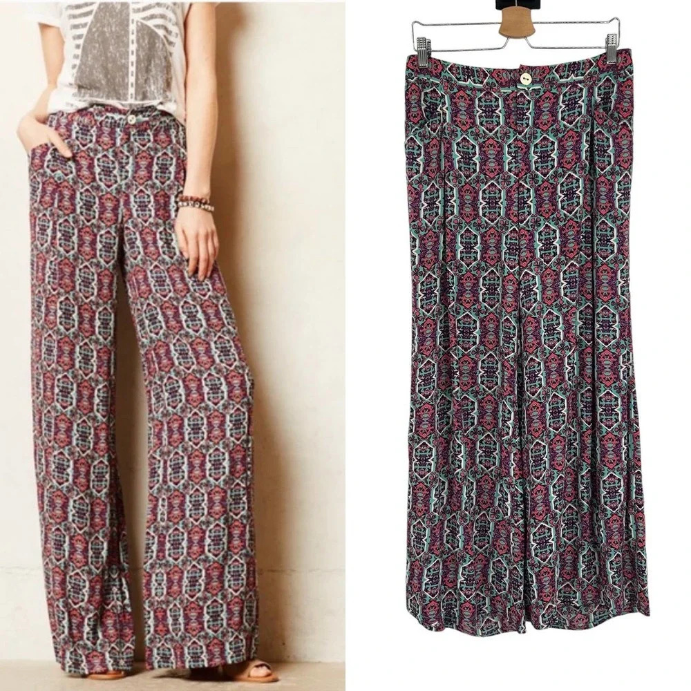 Anthropologie Elevenses South Shore Pants Geometric Wide Leg Pink Teal Size 8